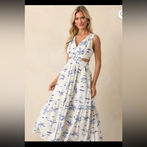 NWT Dress Forum CALLIE BLUE PALM TREE PRINT COTTON CUT-OUT MAXI DRESS 
sz Large - Picture 2 of 12